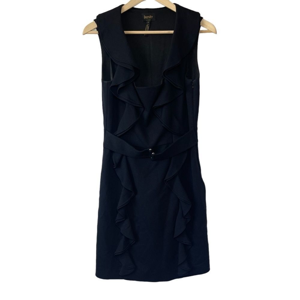 Laundry By Shelli Segal Self Belt Ruffle Detailed Little Black Dress Sz 8